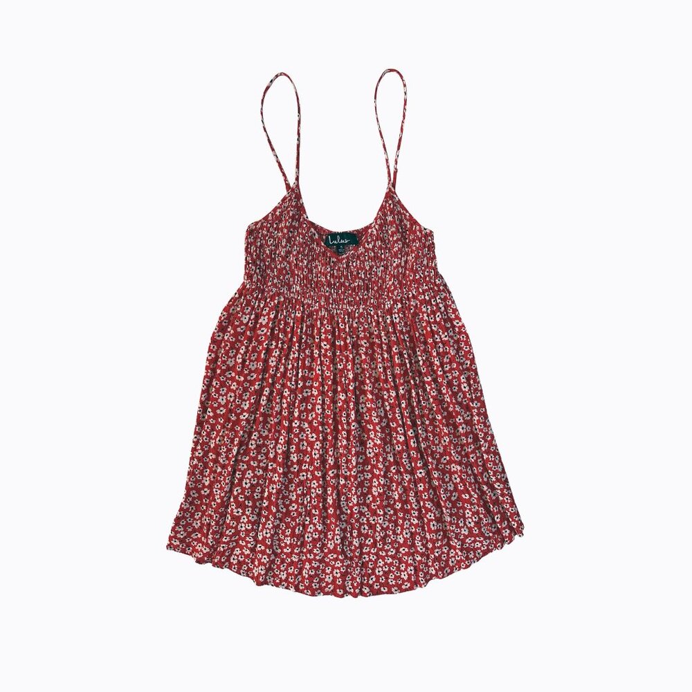 Red Floral Smocked Babydoll Dress S V-Neck Cottagecore Casual Comfy Boho Beach